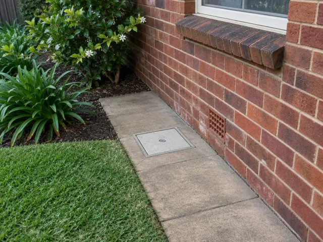 Capped access cover set in concrete paving beside a brick house and lawn in Bexley